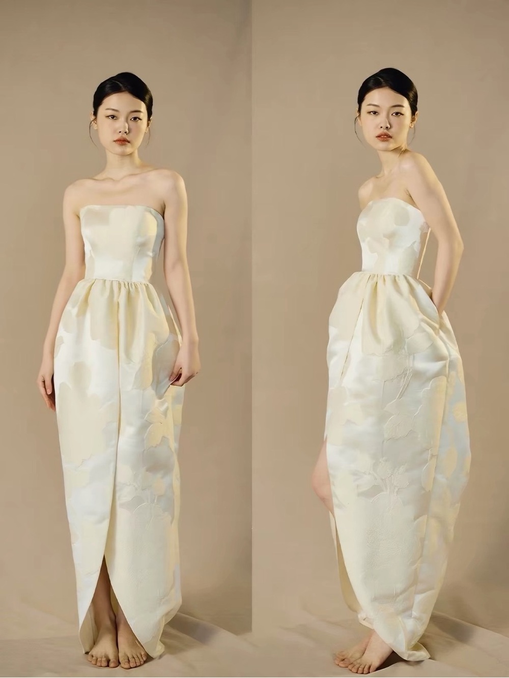 Strapless Floral Jacquard Midi Dress in Ivory - Picture 4 of 9
